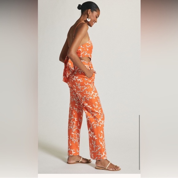 MAEVE anthro size 4 Rivera orange coral print cutout linen wide leg jumpsuit 4 - Picture 2 of 7